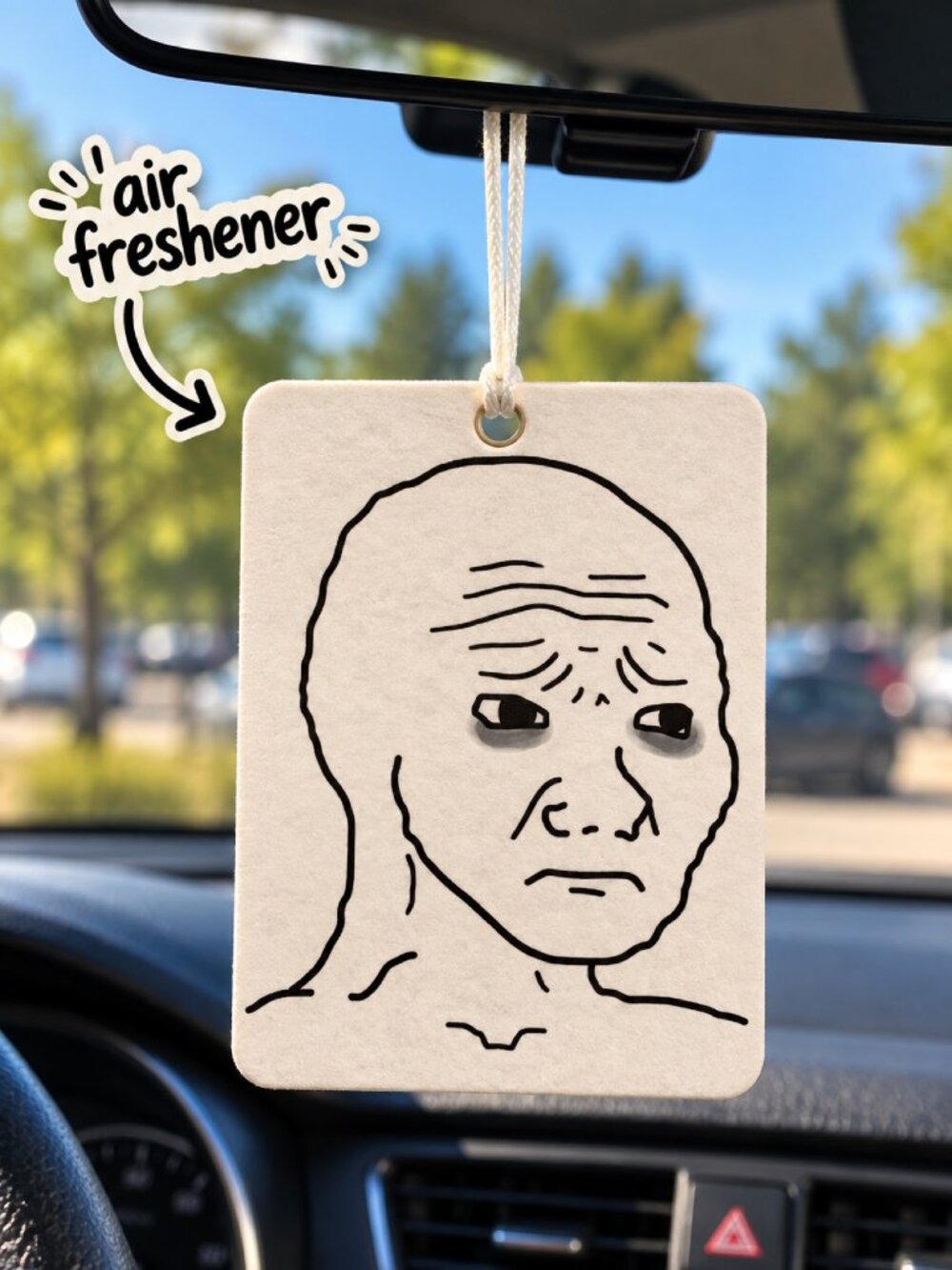 Wojak Tired Face Funny Meme Car Air Freshener – Hanging Car Accessory – Free